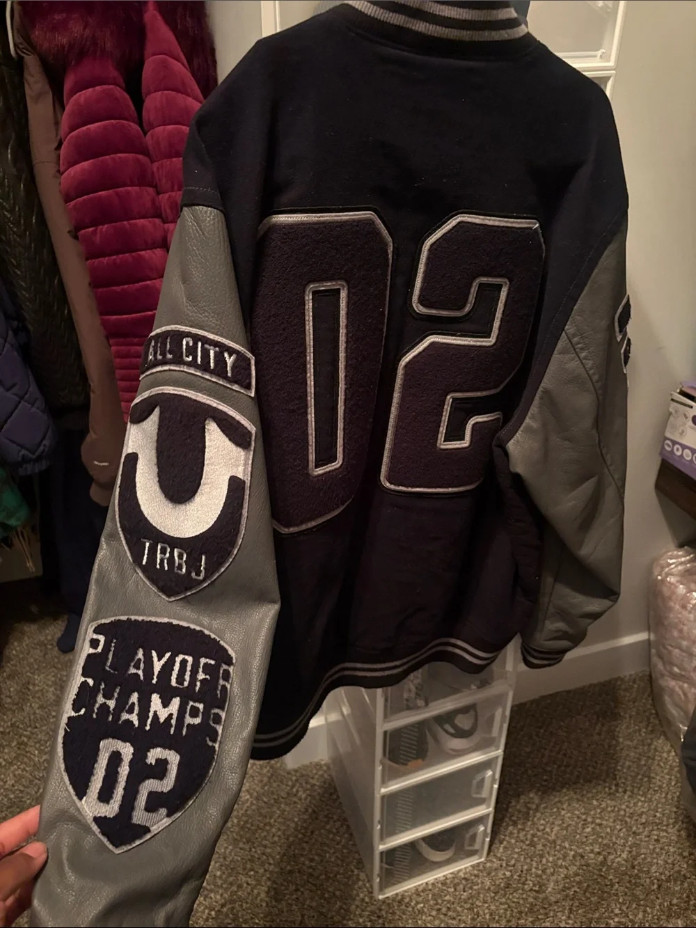 True Religion Black and Gray Varsity Bomber Jacket